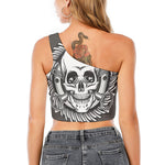 Cross Piston Mechanic Skull Print One Shoulder Crop Top