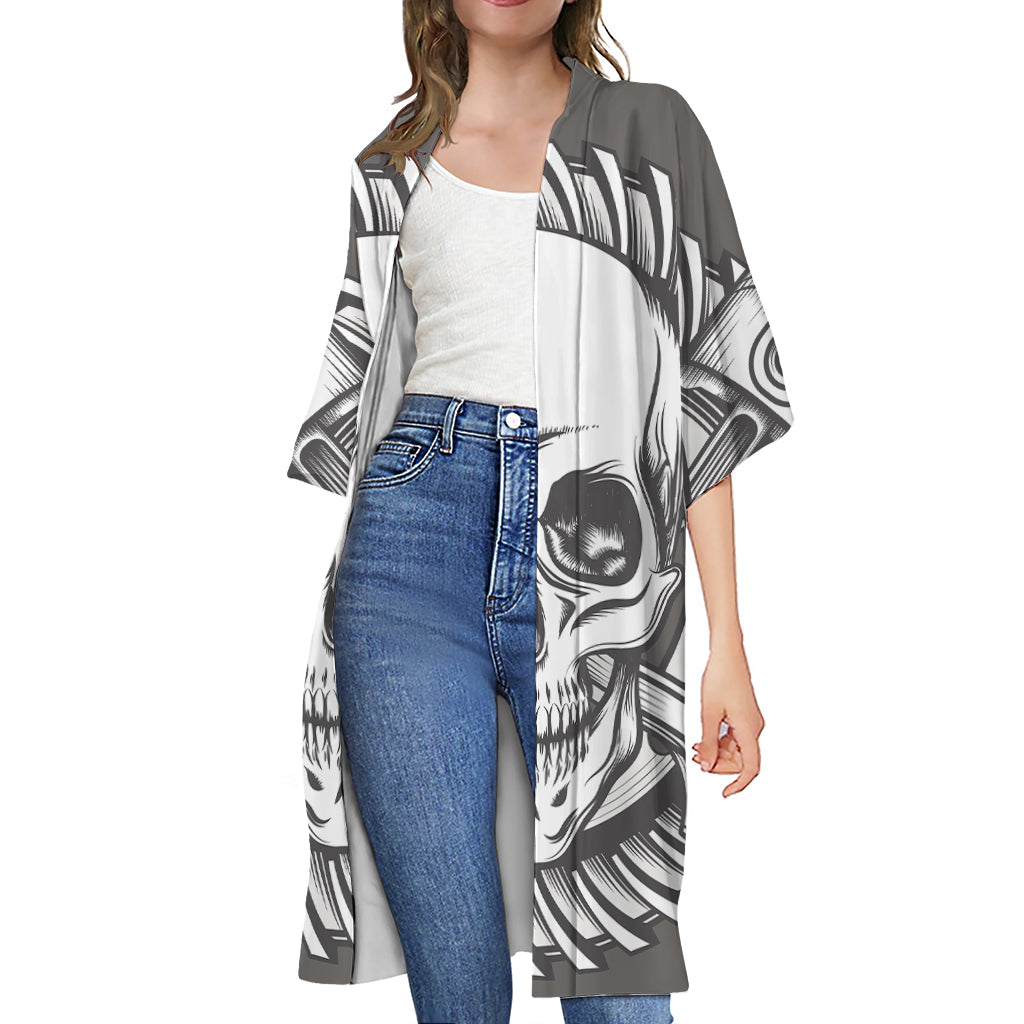 Cross Piston Mechanic Skull Print Open Front Beach Cover Up