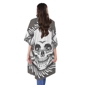 Cross Piston Mechanic Skull Print Open Front Beach Cover Up