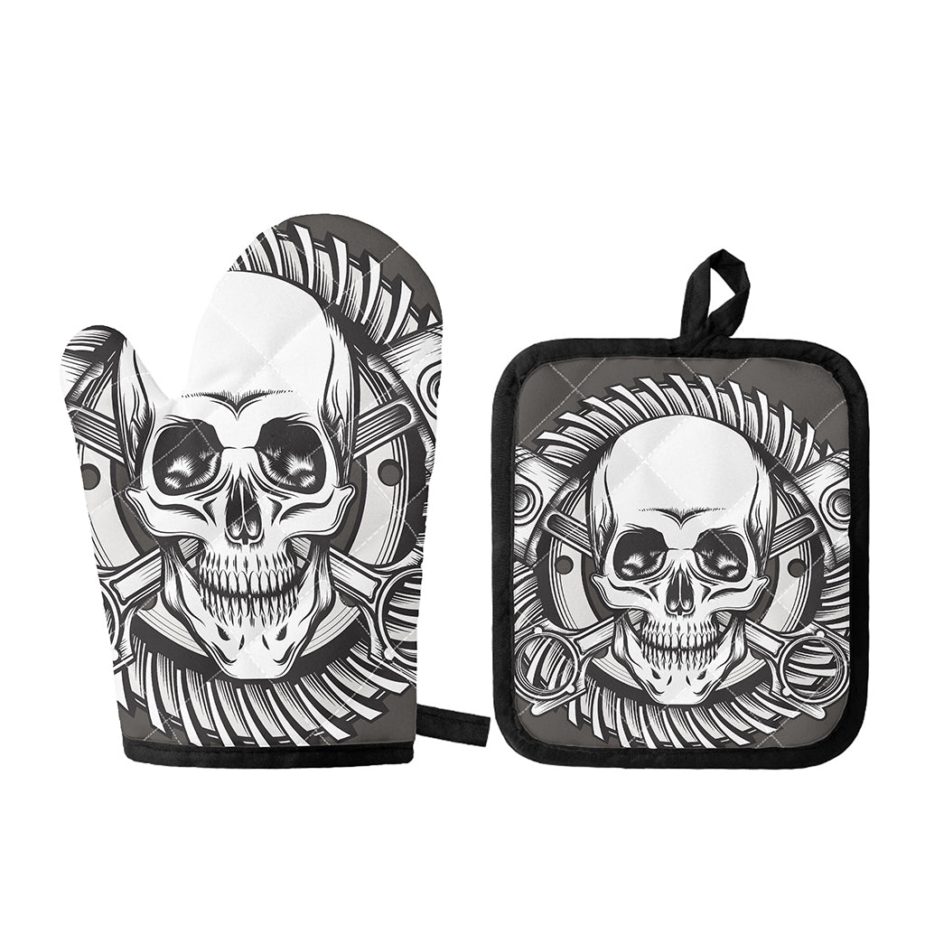 Cross Piston Mechanic Skull Print Oven Mitt And Pot Holder Set