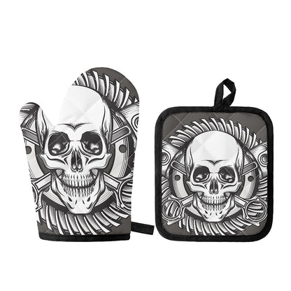 Cross Piston Mechanic Skull Print Oven Mitt And Pot Holder Set