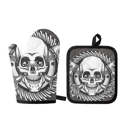 Cross Piston Mechanic Skull Print Oven Mitt And Pot Holder Set