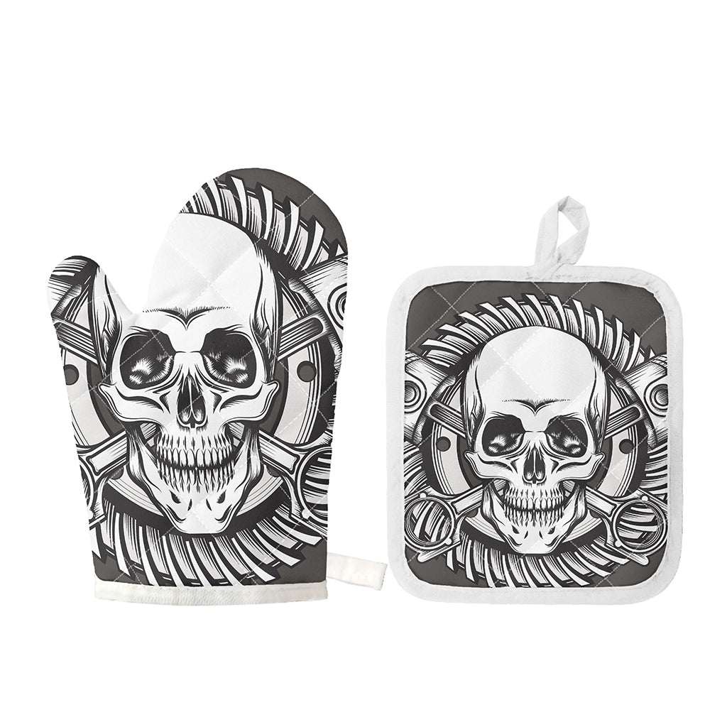 Cross Piston Mechanic Skull Print Oven Mitt And Pot Holder Set