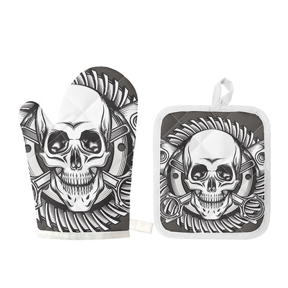 Cross Piston Mechanic Skull Print Oven Mitt And Pot Holder Set