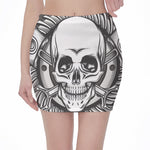 Cross Piston Mechanic Skull Print Pencil Mini Skirt