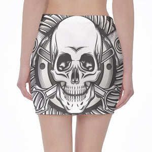 Cross Piston Mechanic Skull Print Pencil Mini Skirt