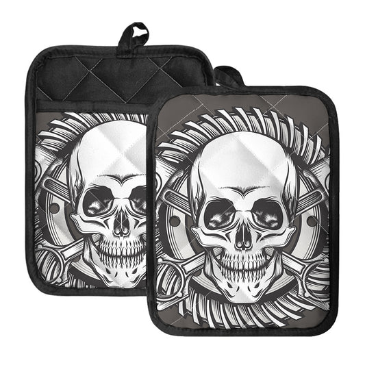 Cross Piston Mechanic Skull Print Pot Holders With Pocket