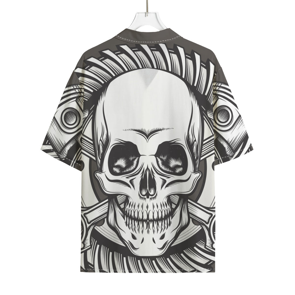 Cross Piston Mechanic Skull Print Rayon Hawaiian Shirt