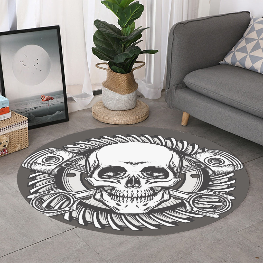 Cross Piston Mechanic Skull Print Round Rug