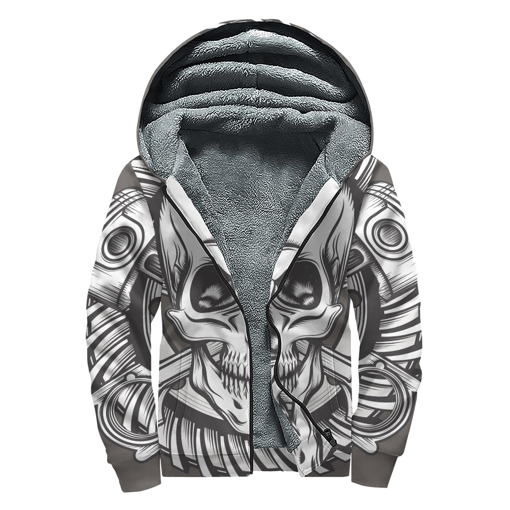Cross Piston Mechanic Skull Print Sherpa Lined Zip Up Hoodie