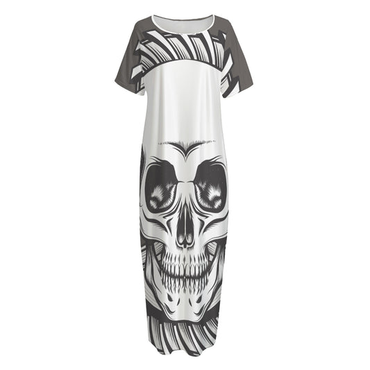 Cross Piston Mechanic Skull Print Short Sleeve Long Nightdress
