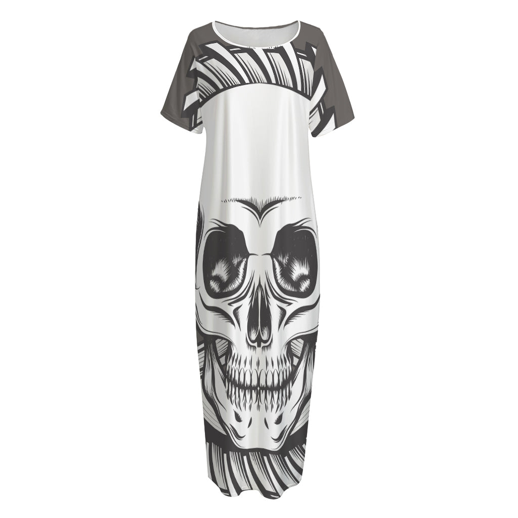 Cross Piston Mechanic Skull Print Short Sleeve Long Nightdress