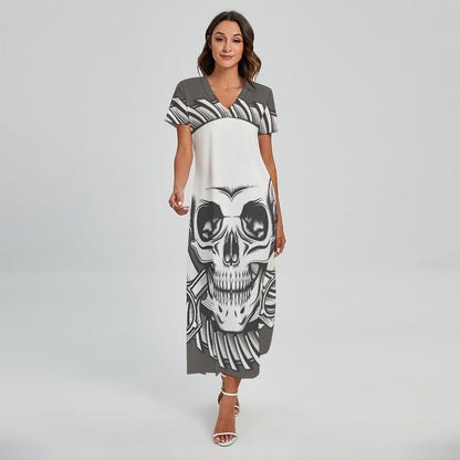 Cross Piston Mechanic Skull Print Short Sleeve Maxi Dress
