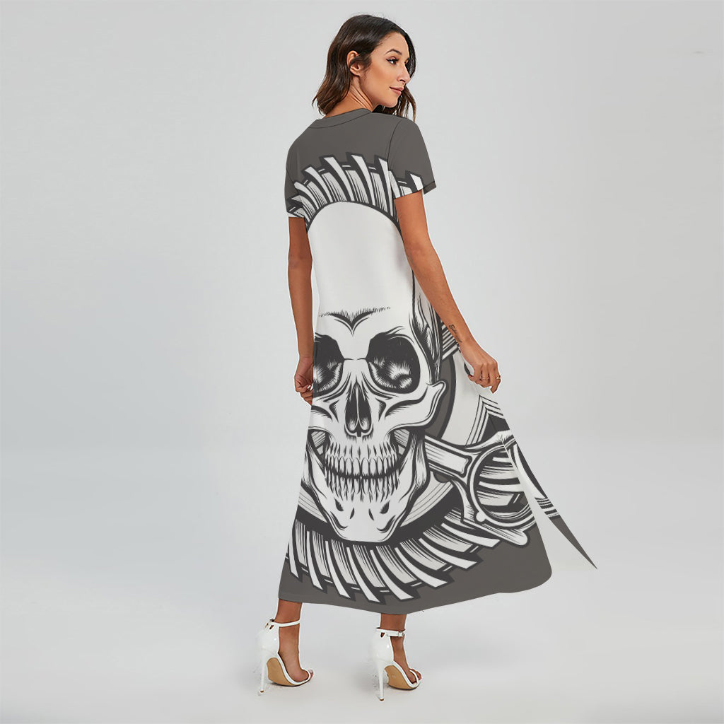 Cross Piston Mechanic Skull Print Short Sleeve Maxi Dress