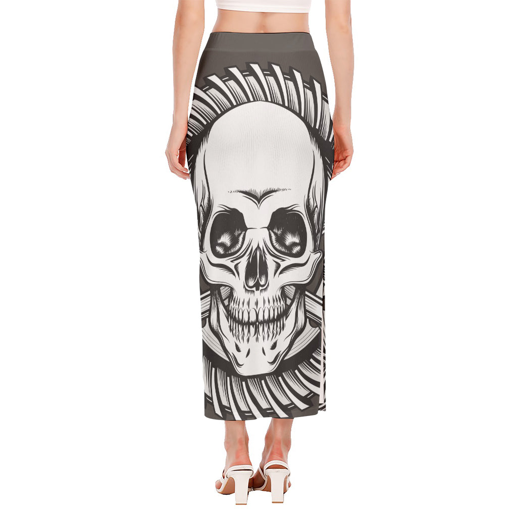 Cross Piston Mechanic Skull Print Side Slit Maxi Skirt