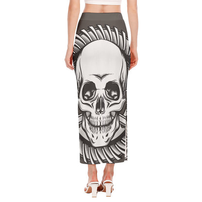 Cross Piston Mechanic Skull Print Side Slit Maxi Skirt