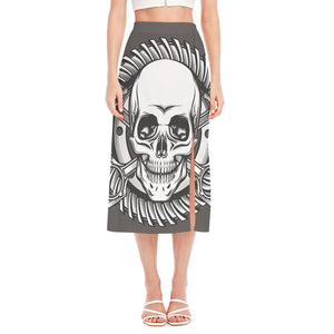 Cross Piston Mechanic Skull Print Side Slit Midi Skirt