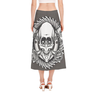 Cross Piston Mechanic Skull Print Side Slit Midi Skirt