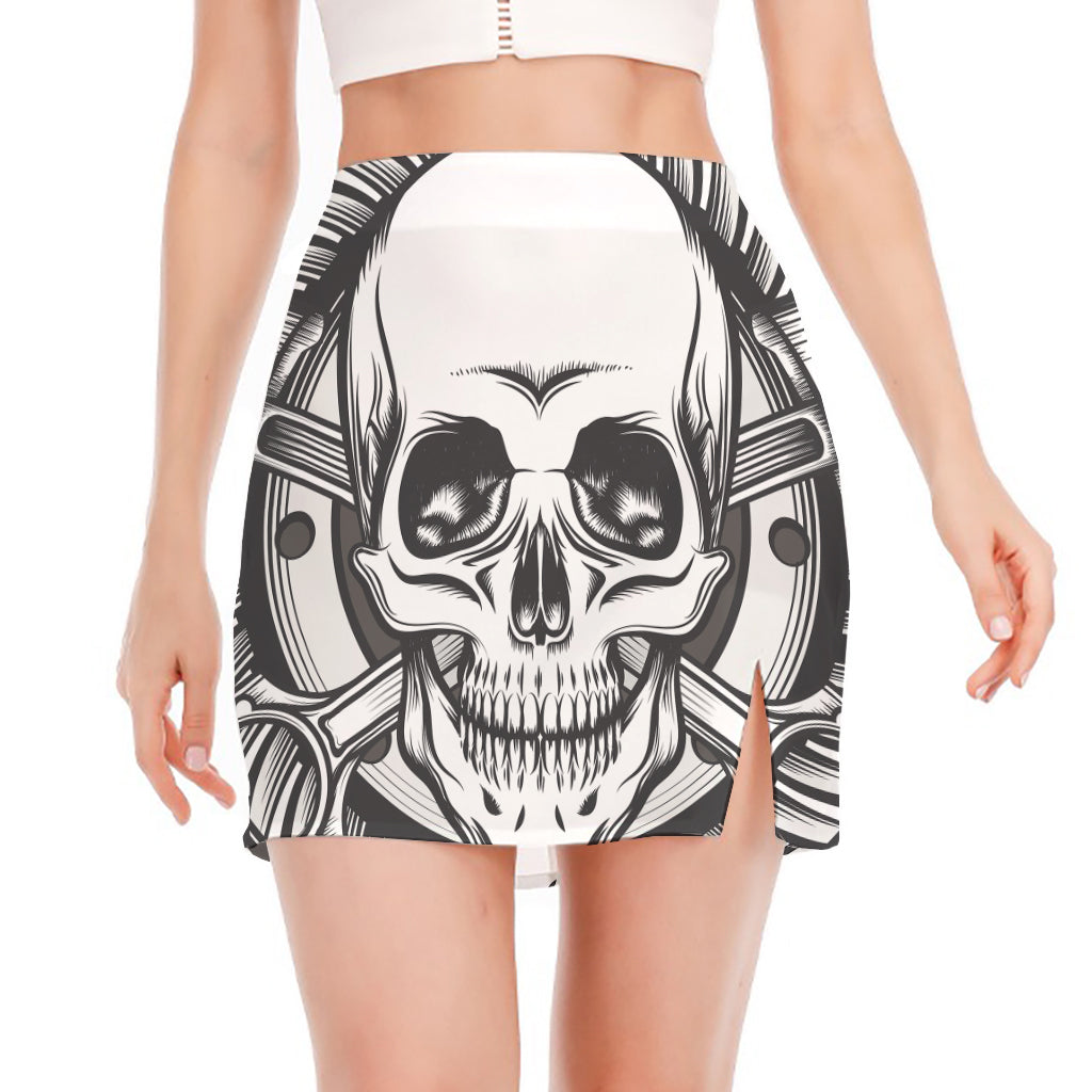 Cross Piston Mechanic Skull Print Side Slit Mini Skirt