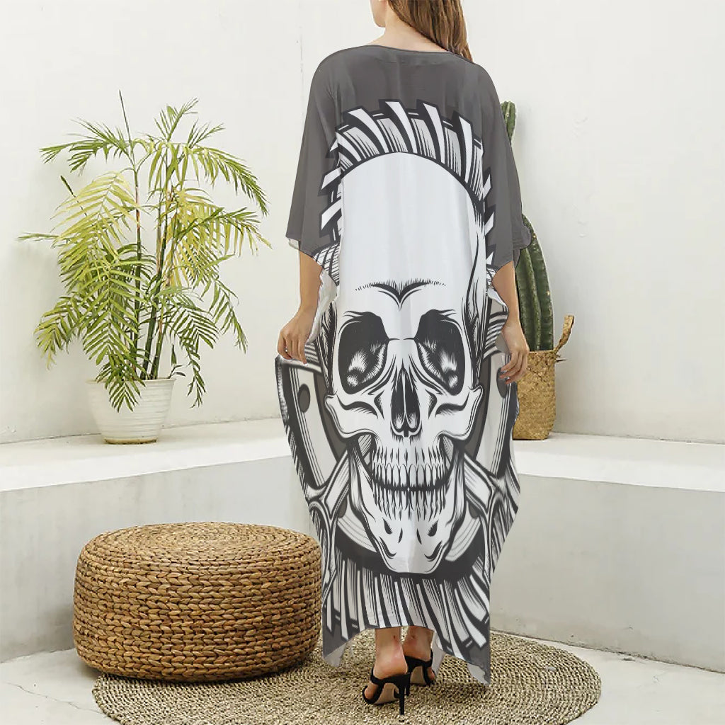 Cross Piston Mechanic Skull Print Silk V-Neck Kaftan Dress