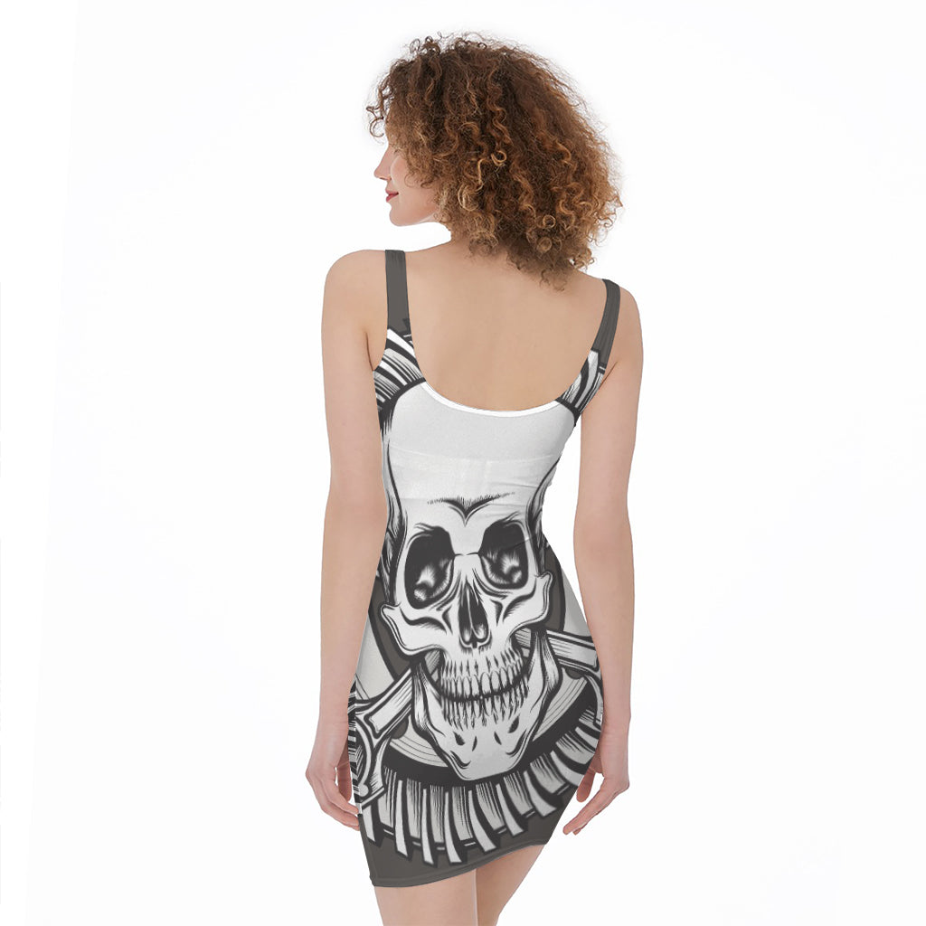 Cross Piston Mechanic Skull Print Sleeveless Bodycon Dress