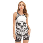 Cross Piston Mechanic Skull Print Sleeveless One Piece Swimsuit