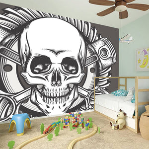 Cross Piston Mechanic Skull Print Wall Sticker