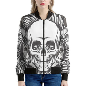 Cross Piston Mechanic Skull Print Women's Bomber Jacket