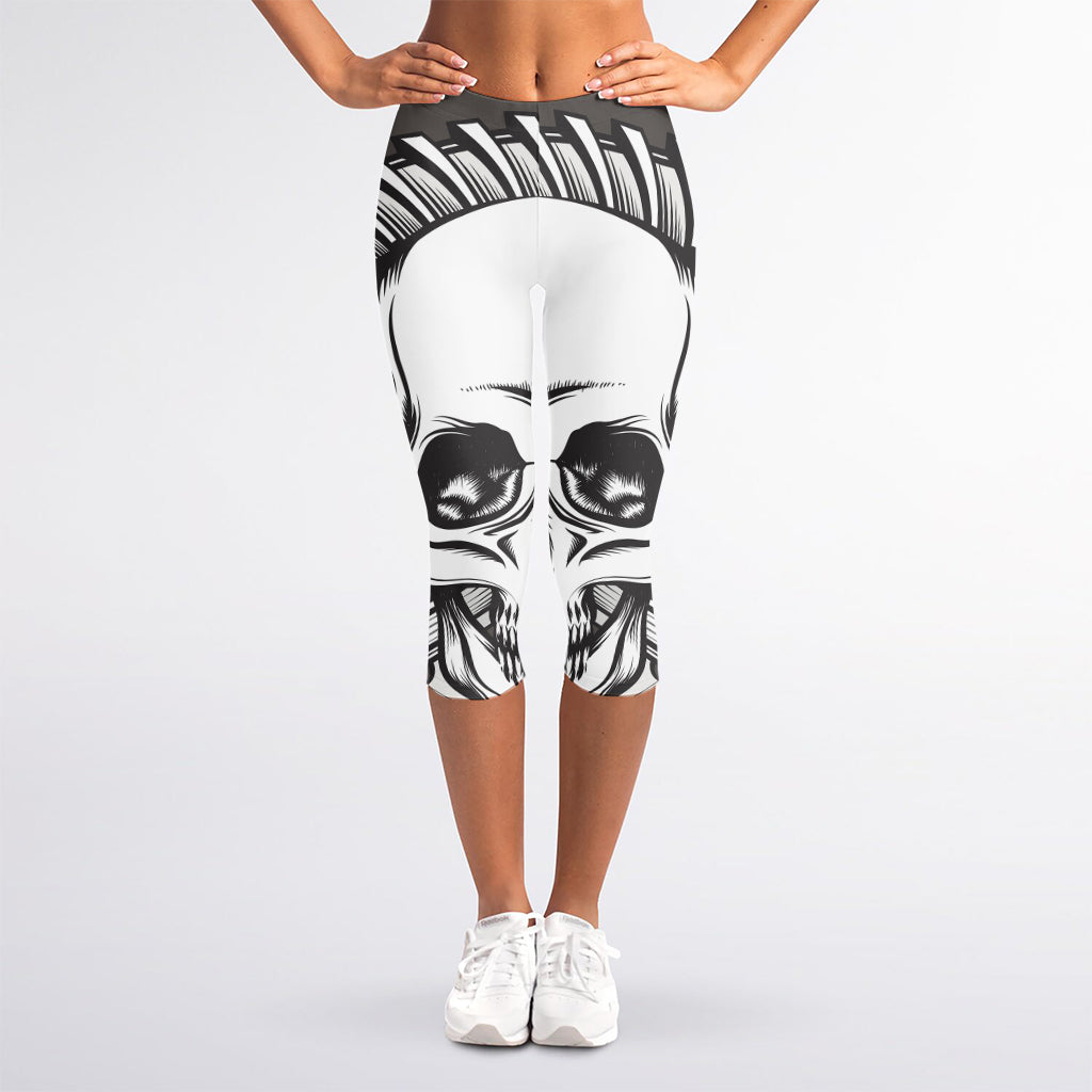 Cross Piston Mechanic Skull Print Women's Capri Leggings