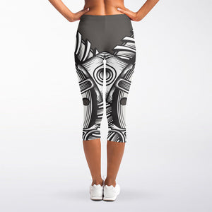 Cross Piston Mechanic Skull Print Women's Capri Leggings