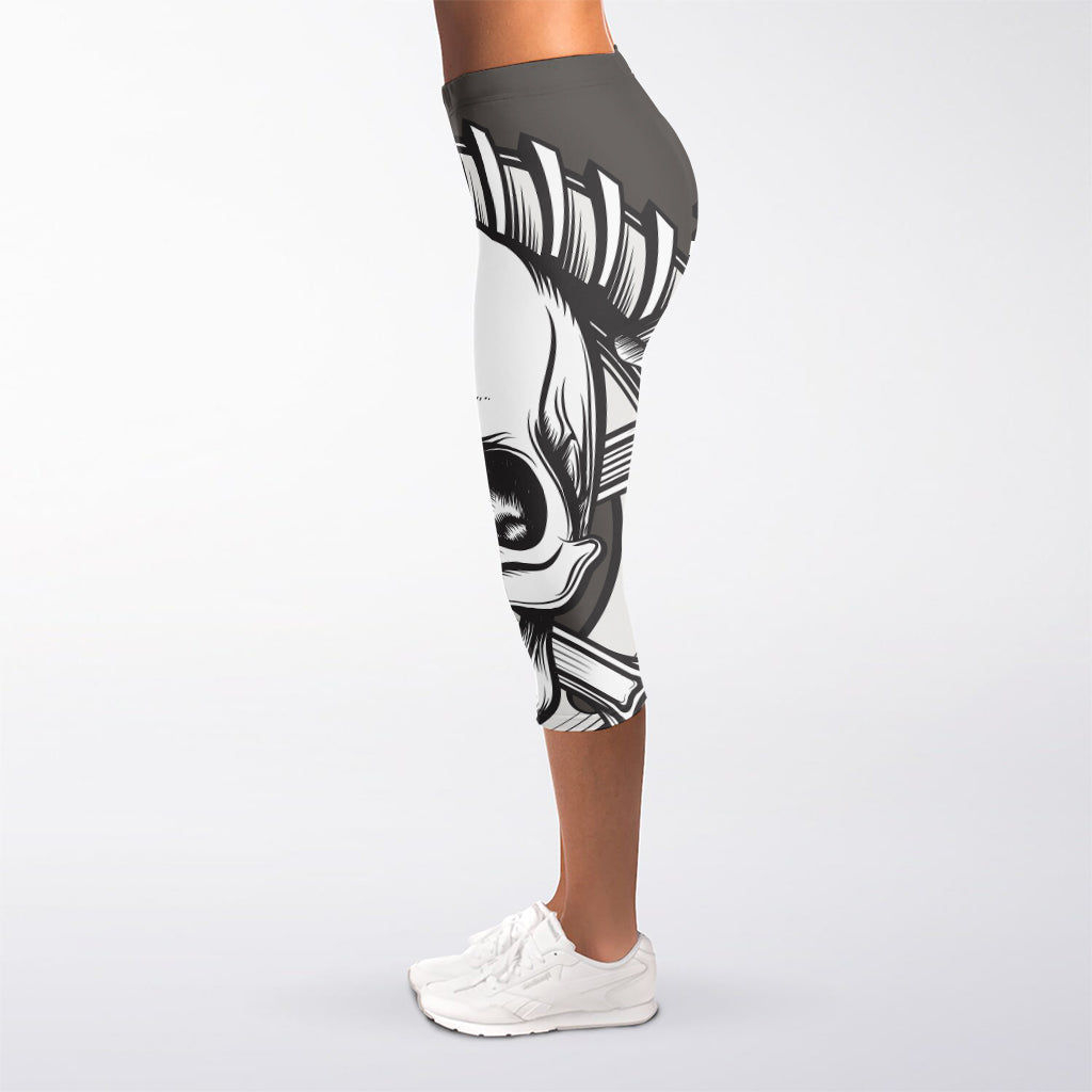 Cross Piston Mechanic Skull Print Women's Capri Leggings