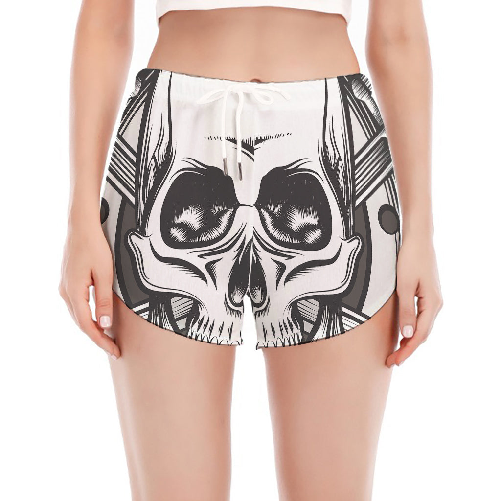 Cross Piston Mechanic Skull Print Women's Split Running Shorts