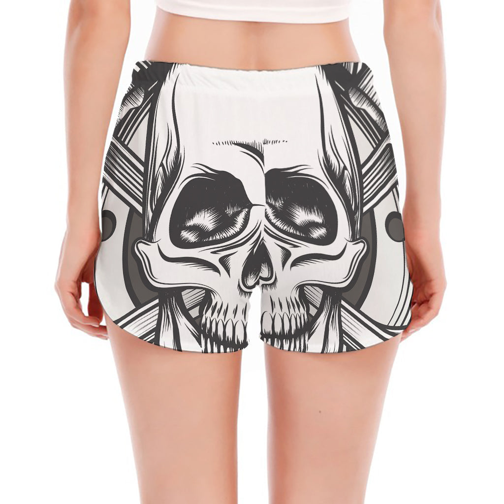 Cross Piston Mechanic Skull Print Women's Split Running Shorts