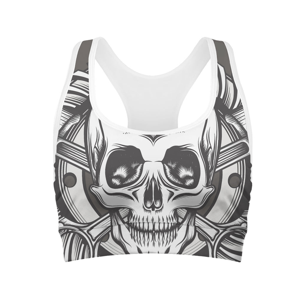 Cross Piston Mechanic Skull Print Women's Sports Bra