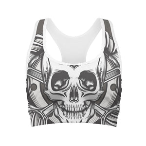 Cross Piston Mechanic Skull Print Women's Sports Bra