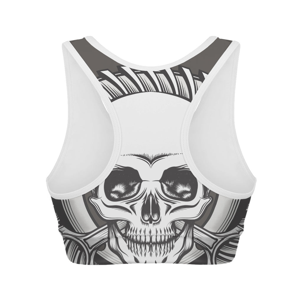 Cross Piston Mechanic Skull Print Women's Sports Bra