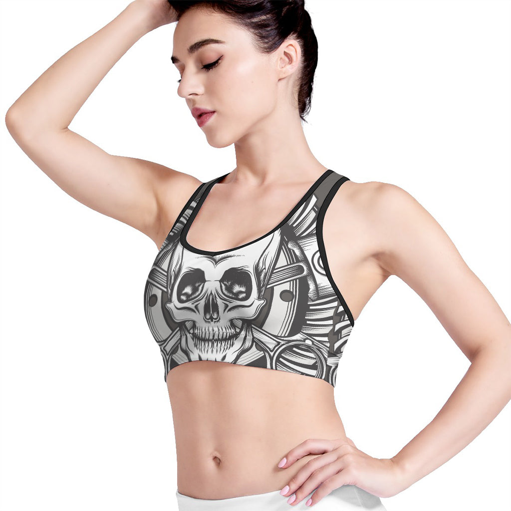 Cross Piston Mechanic Skull Print Women's Sports Bra