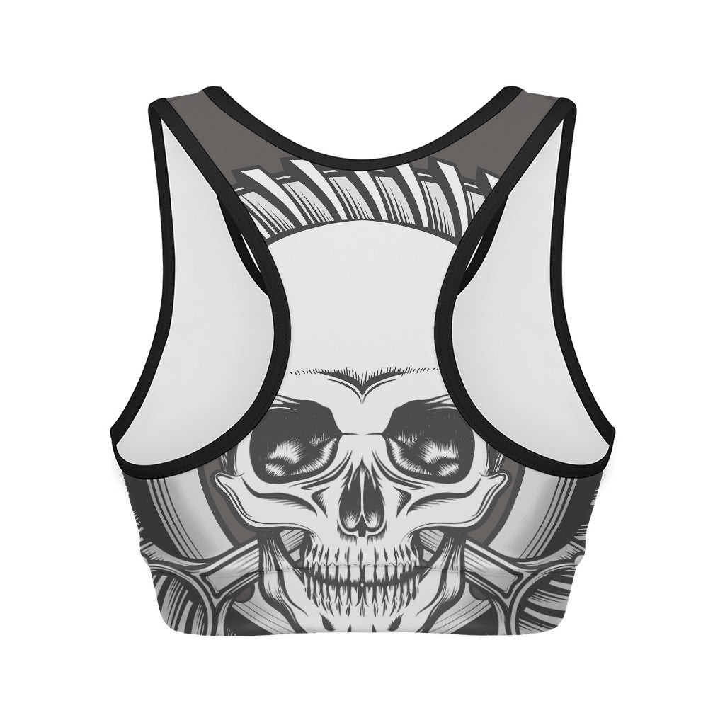 Cross Piston Mechanic Skull Print Women's Sports Bra