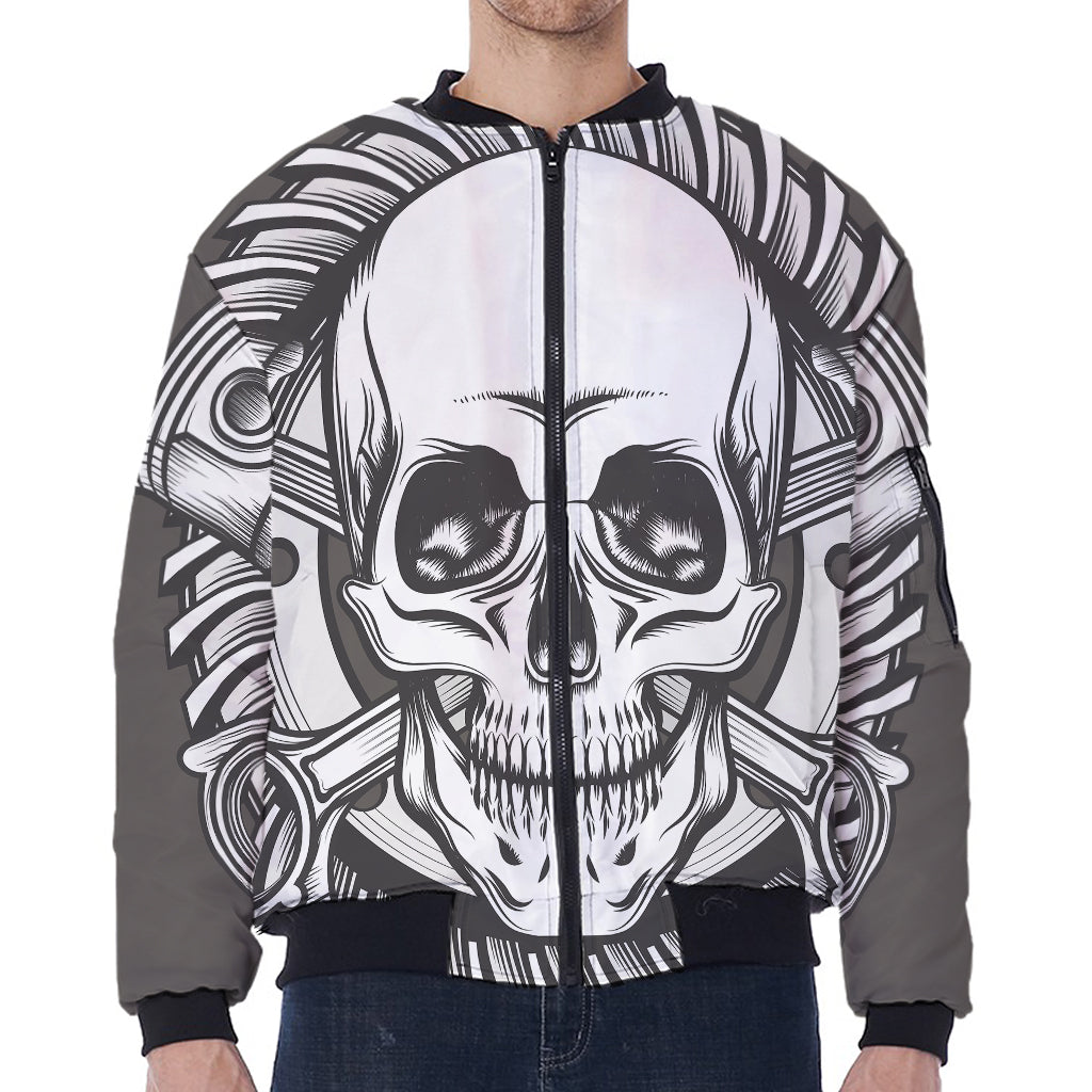 Cross Piston Mechanic Skull Print Zip Sleeve Bomber Jacket