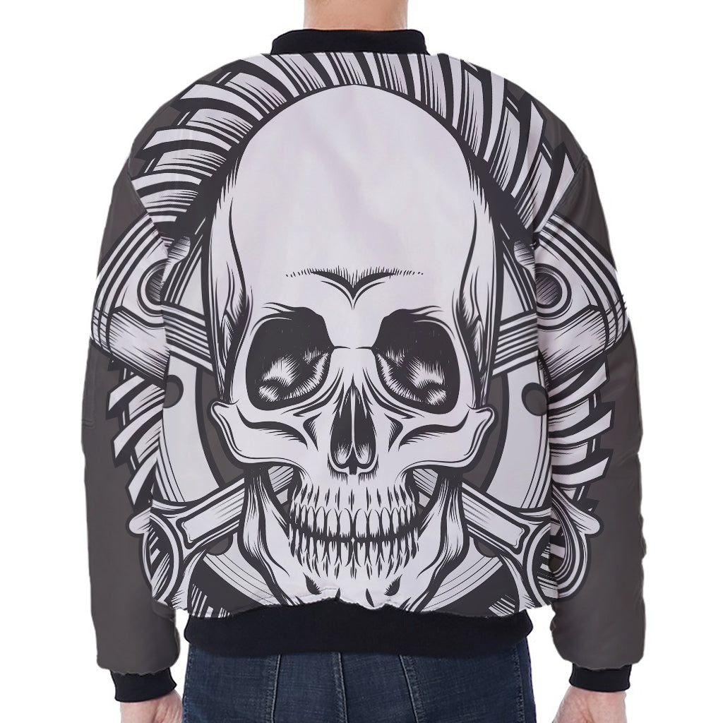 Cross Piston Mechanic Skull Print Zip Sleeve Bomber Jacket