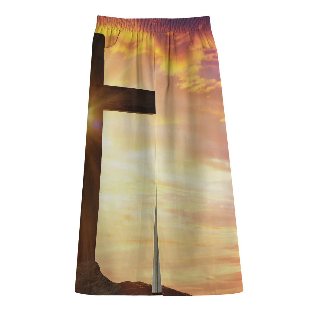 Crucifixion Of Jesus Christ Print Cotton Front Slit Maxi Skirt