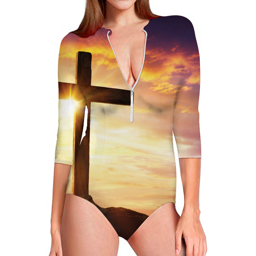 Crucifixion Of Jesus Christ Print Long Sleeve Swimsuit