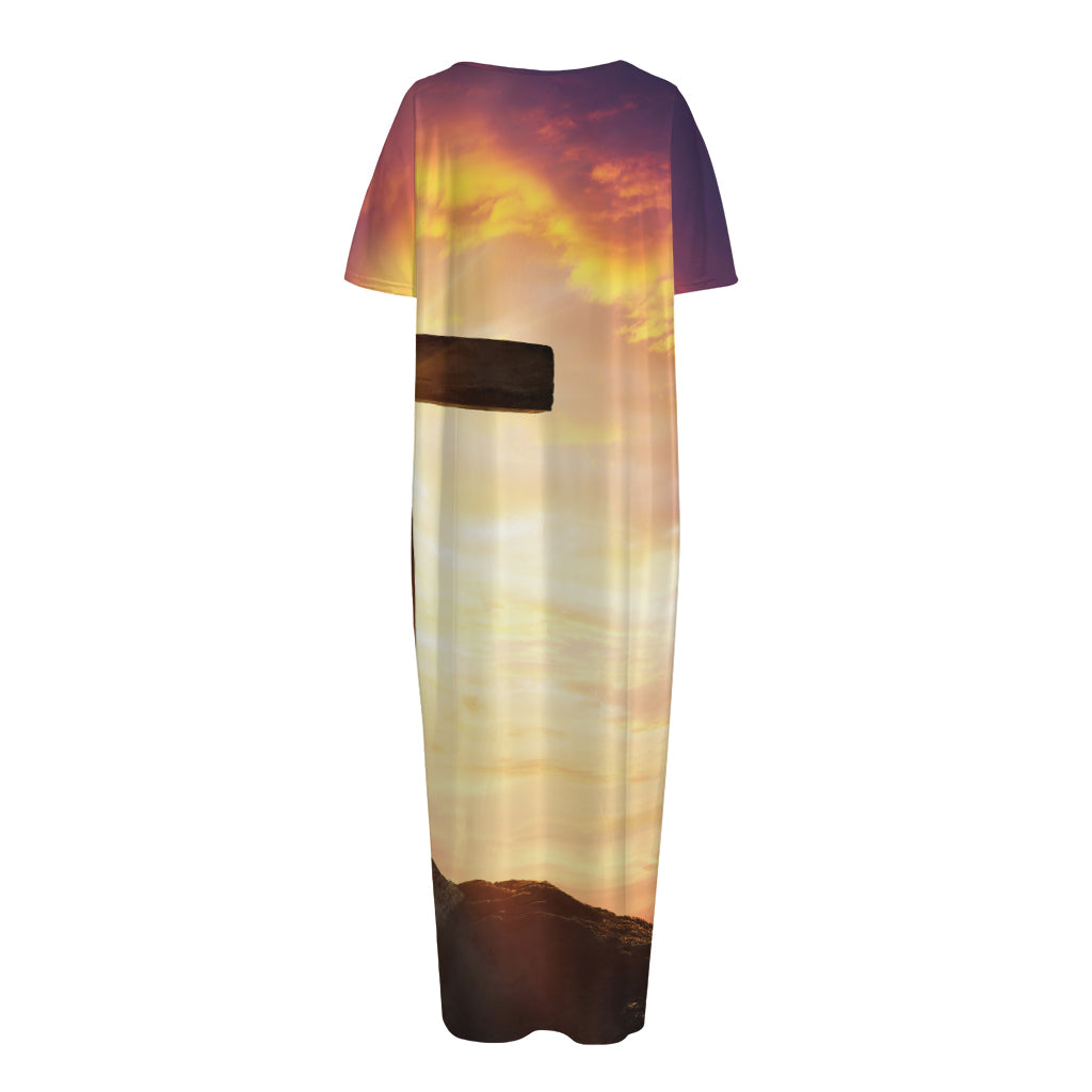 Crucifixion Of Jesus Christ Print Short Sleeve Long Nightdress