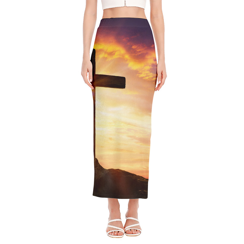 Crucifixion Of Jesus Christ Print Side Slit Maxi Skirt