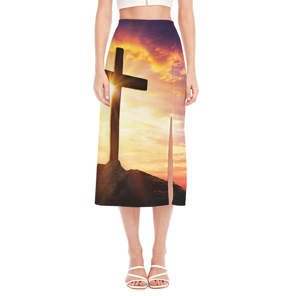 Crucifixion Of Jesus Christ Print Side Slit Midi Skirt