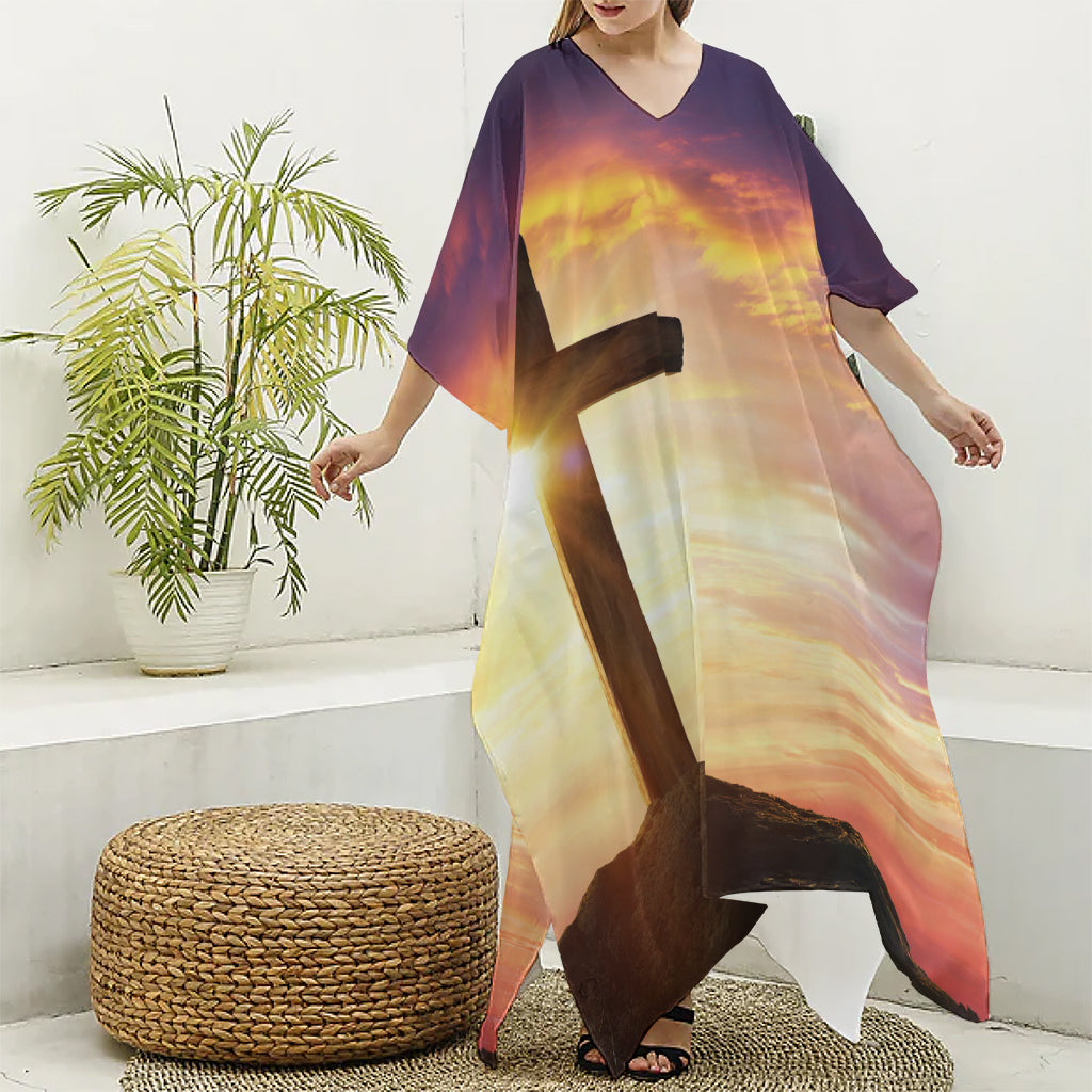 Crucifixion Of Jesus Christ Print Silk V-Neck Kaftan Dress