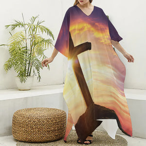 Crucifixion Of Jesus Christ Print Silk V-Neck Kaftan Dress