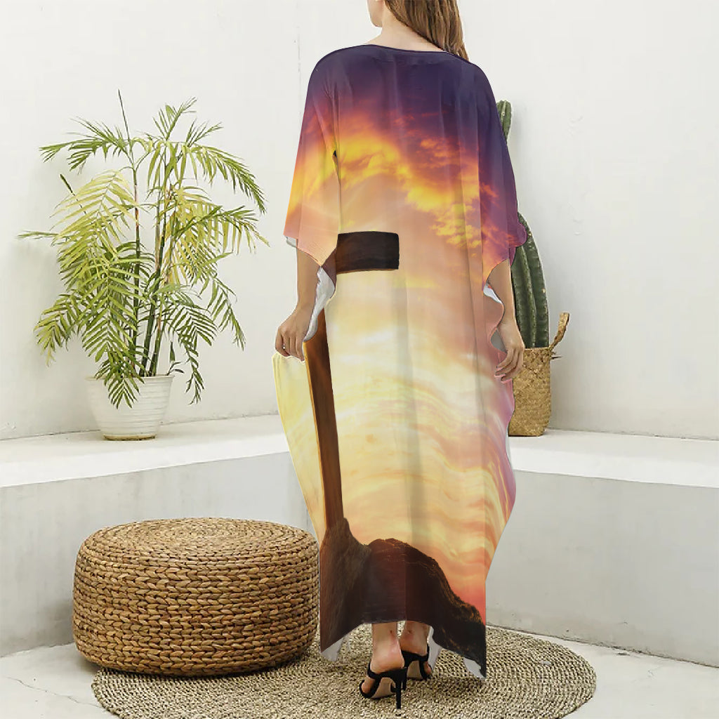 Crucifixion Of Jesus Christ Print Silk V-Neck Kaftan Dress