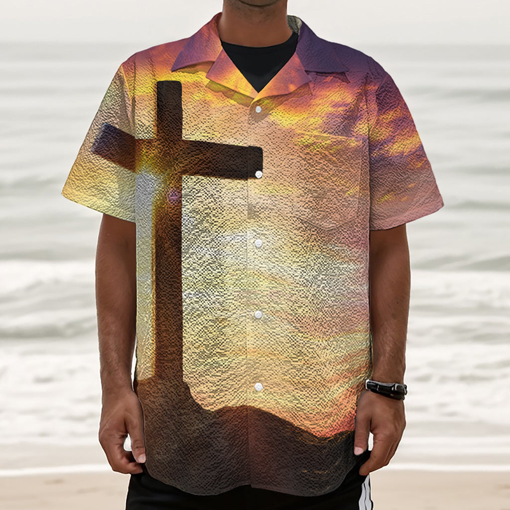 Crucifixion Of Jesus Christ Print Textured Short Sleeve Shirt