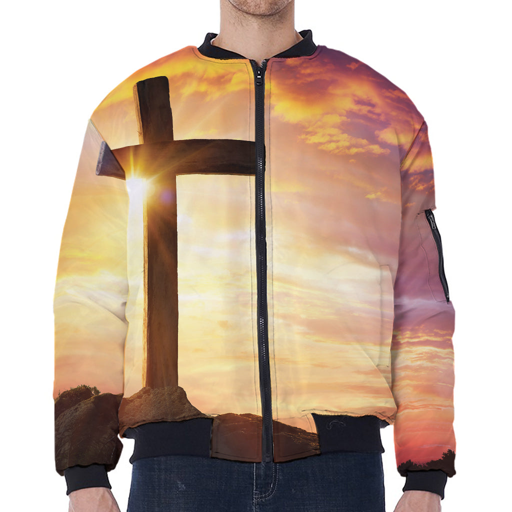 Crucifixion Of Jesus Christ Print Zip Sleeve Bomber Jacket